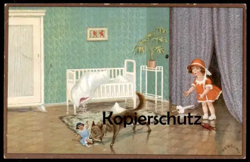 ALTE KÜNSTLER POSTKARTE HUND ZERSTÖRT PUPPE VON KIND HERSCHU enfant girl jeune fille child dog chien Humor humour