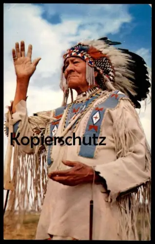 POSTKARTE INDIAN CHIEF BULL GREETING Salutation Indianer Indians Indien Kopfschmuck feather headdress coiffe postcard AK