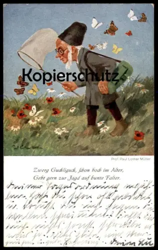 ALTE KÜNSTLER POSTKARTE ZWERG GUCKLIGUCK JAGD SCHMETTERLING PAUL LOTHAR MÜLLER BUTTERFLY HUNTING Dwarf Midget