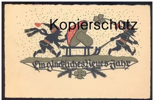 ALTE POSTKARTE SCHWARZE ZWERGE ZIEHEN SCHLITTEN MIT FLIEGENPILZ Zwerg Pilz dwarf midget luge sleigh fly agaric vergoldet