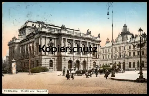 ALTE POSTKARTE REICHENBERG THEATER UND HAUPTPOST LIBEREC Böhmen Romani Sudeten Tschechien Ceska Republika théatre cpa AK