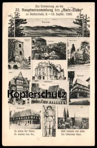 ALTE POSTKARTE ERINNERUNG AN DIE HAUPTVERSAMMLUNG DES HARZ-CLUBS IN HALBERSTADT 1906 Harz-Club Karte an Auswanderer