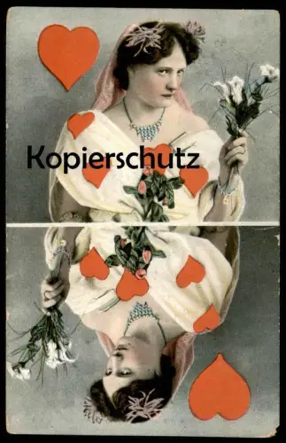 ALTE POSTKARTE HERZ-DAME SPIELKARTE FRAU ROSE WOMAN FEMME KARTENSPIEL hearts playing card coeur Schmuck bijoux jewellery