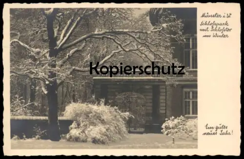 ALTE POSTKARTE MÜNSTER SCHLOSSPARK MIT SCHLOSSTOR IM WINTER EIN GUTES NEUES JAHR! Muenster cpa postcard AK Anischtskarte