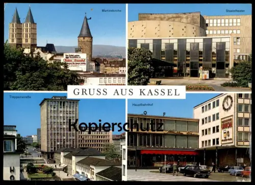 POSTKARTE GRUSS AUS KASSEL BAHNHOF MARTINSKIRCHE STAATSTHEATER TREPPENSTRASSE Union Bier beer Opel Nonstop-Kino cinema