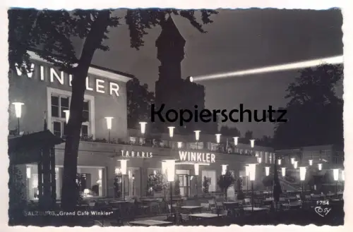 ÄLTERE POSTKARTE SALZBURG GRAND CAFÉ WINKLER BEI NACHT TABARIS Suchscheinwerfer Scheinwerfer at night nuit Austria cpa