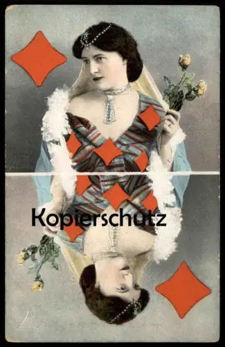 ALTE POSTKARTE KARO-DAME SPIELKARTE FRAU ROSE WOMAN FEMME KARTENSPIEL playing card carreau carte Schmuck bijoux jewels