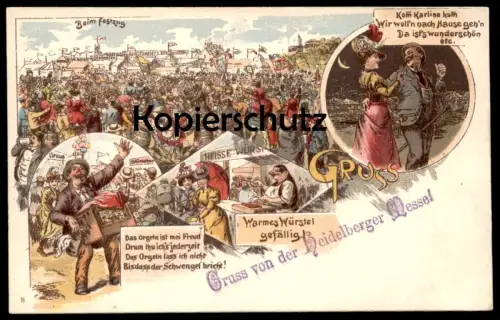 ALTE POSTKARTE HEIDELBERG GRUSS VON DER HEIDELBERGER MESSE DREHORGEL WARMES WÜRSTEL Orgue de barbarie Hand Organ Circus