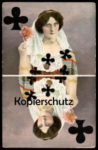 ALTE POSTKARTE KREUZ-DAME SPIELKARTE FRAU KARTENSPIEL ROSE WOMAN FEMME clubs playing trèfle Schmuck bijoux jewellery cpa
