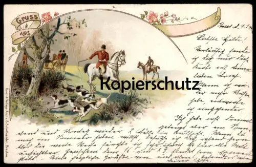 ALTE KÜNSTLER LITHO POSTKARTE JAGD HUNTING BEAGLE HORSE Horses Chasse cheval Pferde Pferd hunt Schottlaender Breslau cpa
