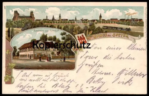 ALTE LITHO-POSTKARTE GRUSS AUS SPEYER AM RHEIN GASTHAUS ZUM BAHNHOF Dampflok locomotive à vapeur steam engine postcard