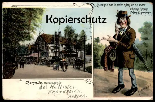 ALTE LITHO-POSTKARTE CHEMNITZ WALDSCHÄNKE MIT FRITZE BLIEMCHEN Regenschirm umbrella parapluie dialect enfants Humour cpa