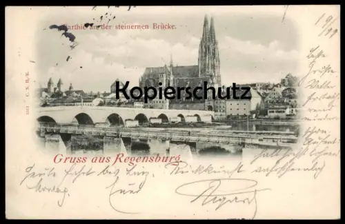 ALTE POSTKARTE GRUSS AUS REGENSBURG 1899 PARTHIE AN DER STEINERNEN BRÜCKE STEMPEL KÖNIGLICH BAYERISCHE Bahnpost cpa AK