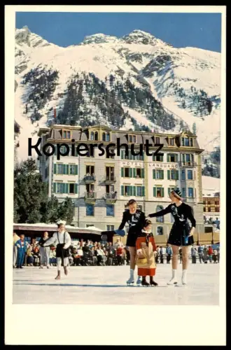 ÄLTERE POSTKARTE KLAINGUTIS HOTEL LANGUARD PONTRESINA ice skating patinage de vitesse Eislaufen Kanton Graubünden Tracht