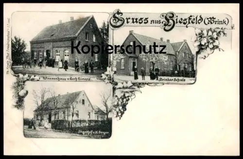 ALTE POSTKARTE GRUSS AUS HIESFELD BRINK BRINKER SCHULE WARENHAUS GERH. EIMERS JÄGERHOF H. BERGER OBERHAUSEN DINSLAKEN