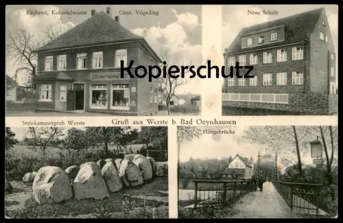 ALTE POSTKARTE GRUSS AUS WERSTE B. BAD OEYNHAUSEN STEINKAMMERGRAB BÄCKEREI KOLONIALWAREN VÖGEDING SCHULE Grab grave tomb