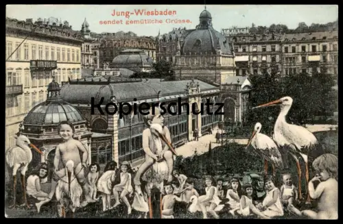 ALTE POSTKARTE JUNG WIESBADEN SENDET GEMÜTLICHE GRÜSSE KINDER montage photo children enfants Baby bébé nude surrealisme