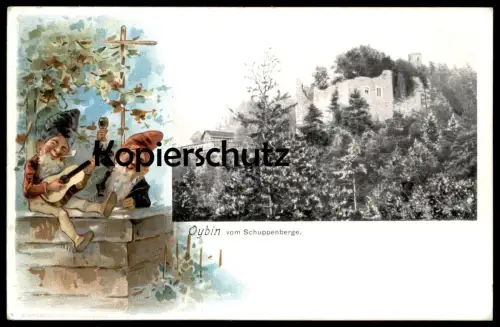 ALTE LITHO POSTKARTE OYBIN VOM SCHUPPENBERGE ZWERG GITARRE WEIN guitar midget nain dwarf guitar Zwerge Schuppenberg cpa