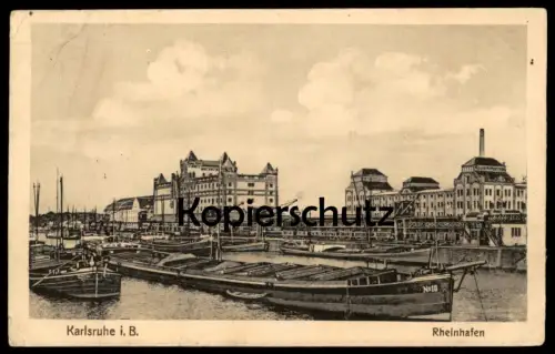 ALTE POSTKARTE KARLSRUHE RHEINHAFEN SCHIFF Hafen harbour port havre Frachtschiff crane grue freight cargo ship postcard
