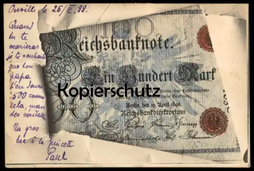 ALTE POSTKARTE GELDSCHEIN REICHSBANKNOTE 100 MARK REICHSBANK BERLIN 1896 money monnaie billet de banque bank note Geld