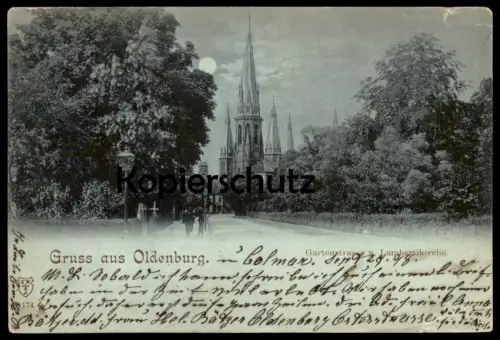 ALTE MONDSCHEIN POSTKARTE GRUSS AUS OLDENBURG GARTENSTRASSE & LAMBERTIKIRCHE postcard cpa AK Ansichtskarte