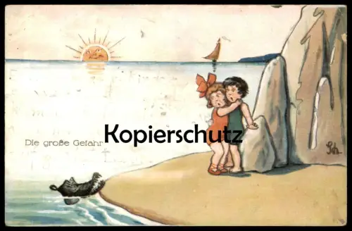 ALTE KÜNSTLER POSTKARTE DIE GROSSE GEFAHR KROKODIL crocodile Angst Kinder fear peur child Paar couple Humor Alligator
