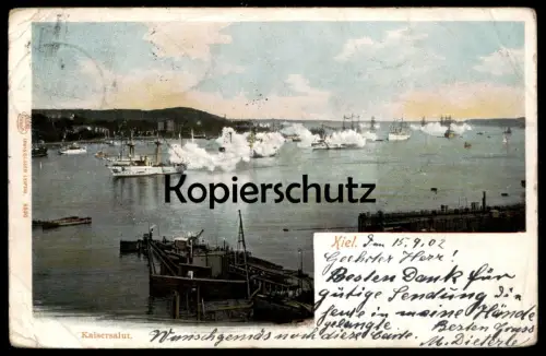 ALTE POSTKARTE KAISERSALUT KIEL SCHLACHTSCHIFF Kriegsschiff battle ship bateau schip warship marine Schiff cpa postcard