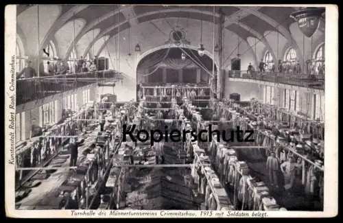 ALTE POSTKARTE CRIMMITSCHAU TURNHALLE DES MÄNNERTURNVEREINS 1915 MIT SOLDATEN BELEGT Soldat soldier soldiers Uniform cpa