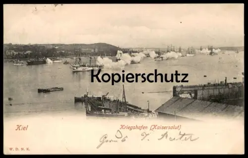 ALTE POSTKARTE KIEL KRIEGSHAFEN KAISERSALUT SCHLACHTSCHIFF Kriegsschiff battle ship bateau schip warship marine port