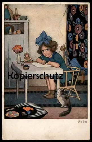 ALTE POSTKARTE MÄDCHEN LIEBESBRIEF AN IHN SIGN. BENDER Kind Katze enfant jeune femme girl child cat chat love-letter cpa