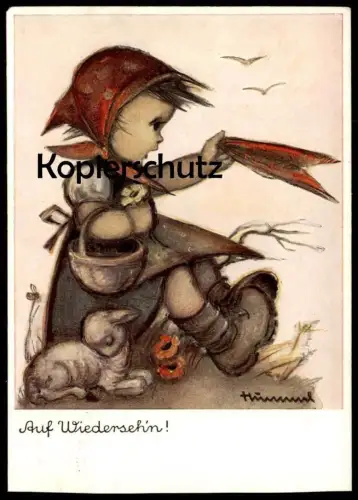 ÄLTERE KÜNSTLER POSTKARTE HUMMEL AUF WIEDERSEH'N WIEDERSEHEN ABSCHIED WIEDERSEHN Kind Lamm child lamb goodbye au revoir
