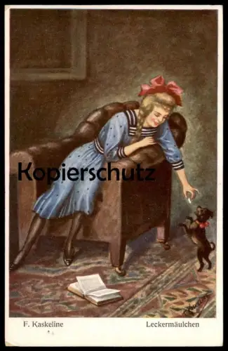 ALTE KÜNSTLER POSTKARTE F. KASKELINE LECKERMÄULCHEN HUND KIND enfant girl jeune fille child dog chien Humor humour Buch