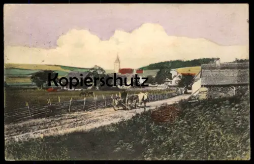 ALTE POSTKARTE UNBEKANNTES DORF 1912 STADT KUTSCHE LANDWIRTSCHAFT Stempel Cöln Kuh Pferd cow horse postcard unknown city