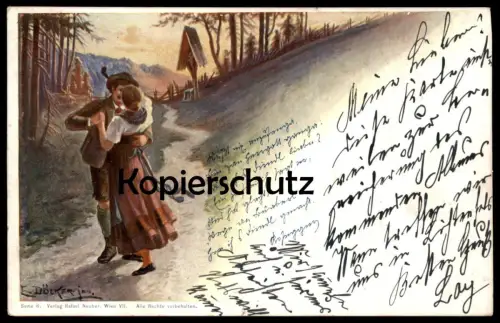 ALTE LITHO-POSTKARTE E. DÖCKER PAAR VERL. RAFAEL NEUBER WIEN WEGKREUZ Couple Tracht traditional costume kiss baiser Kuss