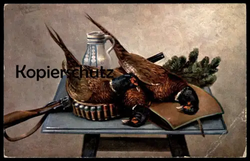 ALTE KÜNSTLER POSTKARTE FASAN GEWEHR STILLLEBEN Jagd hunt Hunting Wildbret game gibier pheasant faisan carabine Flinte