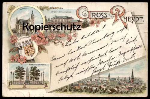 ALTE LITHO-POSTKARTE GRUSS AUS RHEYDT HÖHERE BÜRGERSCHULE BISMARK-DENKMAL Bismarck-Denkmal Mönchengladbach Ansichtskarte