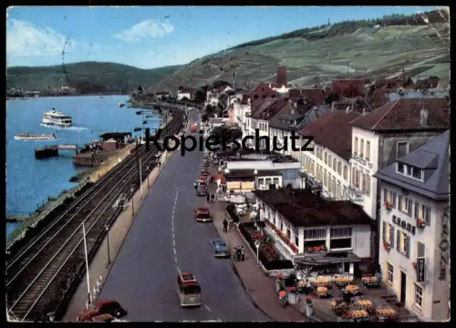 ÄLTERE POSTKARTE RÜDESHEIM RHEINSTRASSE Buick VW Käfer Bahnstrecke railway railroad chemin du fer Ansichtskarte postcard