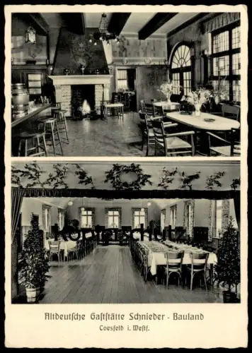 ALTE POSTKARTE ALTDEUTSCHE GASTSTÄTTE SCHNIEDER - BAULAND COESFELD SPEZIALITÄT SCHINKEN Saal Kamin AK postcard cpa