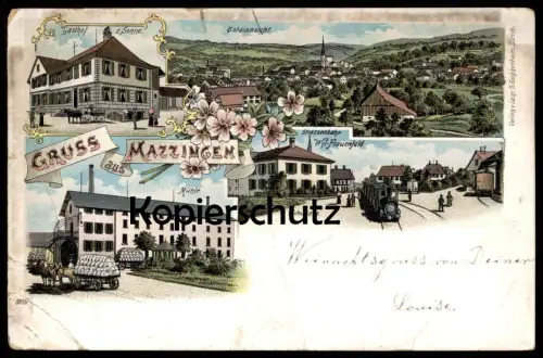 ALTE LITHO POSTKARTE GRUSS AUS MAZZINGEN STRASSENBAHN WYL FRAUENFELD tram tramway Dampflok locomotive à vapeur Matzingen