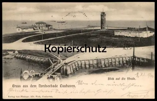 ALTE POSTKARTE GRUSS AUS DEM NORDSEEBADE CUXHAVEN BLICK AUF DIE RHEDE 1900 Dullz Hausstands Kohlenlager Ansichtskarte