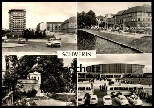ÄLTERE POSTKARTE SCHWERIN WERNER-SEELENBINDER-STRASSE AM PFAFFENTEICH BURGGARTEN SPORTHALLE Trabant Bus car postcard DD