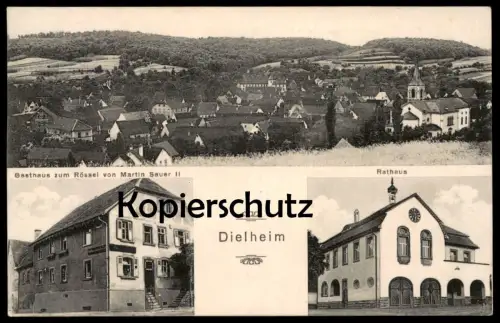 ALTE POSTKARTE DIELHEIM GASTHAUS ZUM RÖSSEL VON MARTIN SAUER II RATHAUS PANORAMA bei Sinsheim Wiesloch Ansichtskarte AK