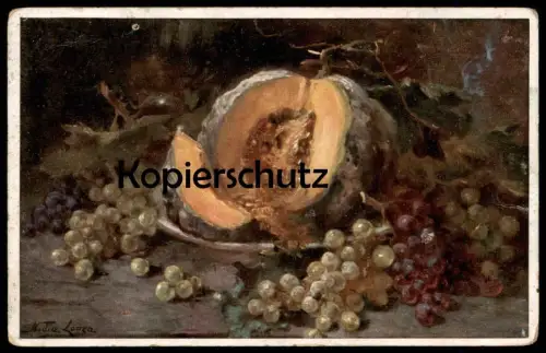 ALTE KÜNSTLER POSTKARTE STILLLEBEN SÜDFRÜCHTE PRIMUS NIDIA LONZA TRIEST raisins grapes melon fruits postcard Stilleben