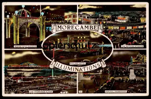 ALTE POSTKARTE MORECAMBE BY NIGHT MARINE ROAD GARDENS BATHING STADIUM PIER PROMENADE ILLUMINATIONS Lancashire Nacht nuit