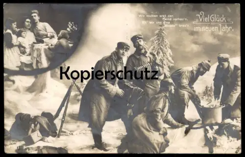 ALTE POSTKARTE SOLDATEN FEIERN SYLVESTER BOWLE PHOTOMONTAGE VIEL GLÜCK IM NEUEN JAHR SOLDAT Soldats Soldiers Krieg war