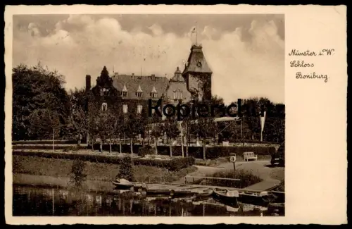 ALTE POSTKARTE MÜNSTER SCHLOSS BONIBURG ST. MAURITZ 1938 BRIEFMARKE SCHIFF WILHELM GUSTLOFF WHW postcard Ansichtskarte