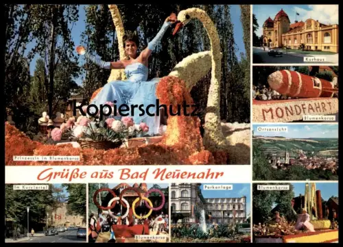 ÄLTERE POSTKARTE BAD NEUENAHR BLUMENKORSO OLYMPIA PRINZESSIN Olympische Ringe olympic games princess Mondfahrt rocket