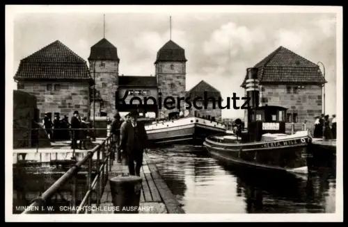 ALTE POSTKARTE MINDEN SCHACHTSCHLEUSE AUSFAHRT Schleuse Schiff Frachtschiff Herta cargo ship watergate écluse postcard
