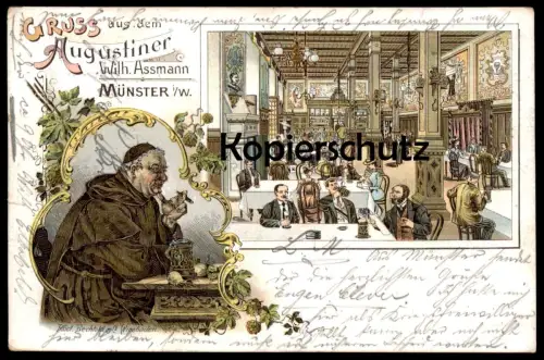 ALTE LITHO POSTKARTE GRUSS AUS DEM AUGUSTINER MÜNSTER Mönch monk moine Studenten studentika studentica cpa postcard AK