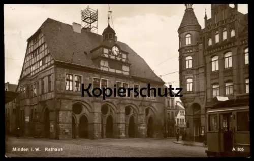 ALTE POSTKARTE MINDEN IN WESTFALEN RATHAUS MIT ANTENNE STRASSENBAHN Tram tramway Ansichtskarte postcard cpa AK